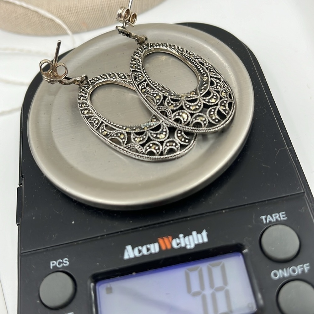 Vintage Suspicion 925 Sterling Silver Marcasite Filigree Drop Earrings - Picture 11 of 11